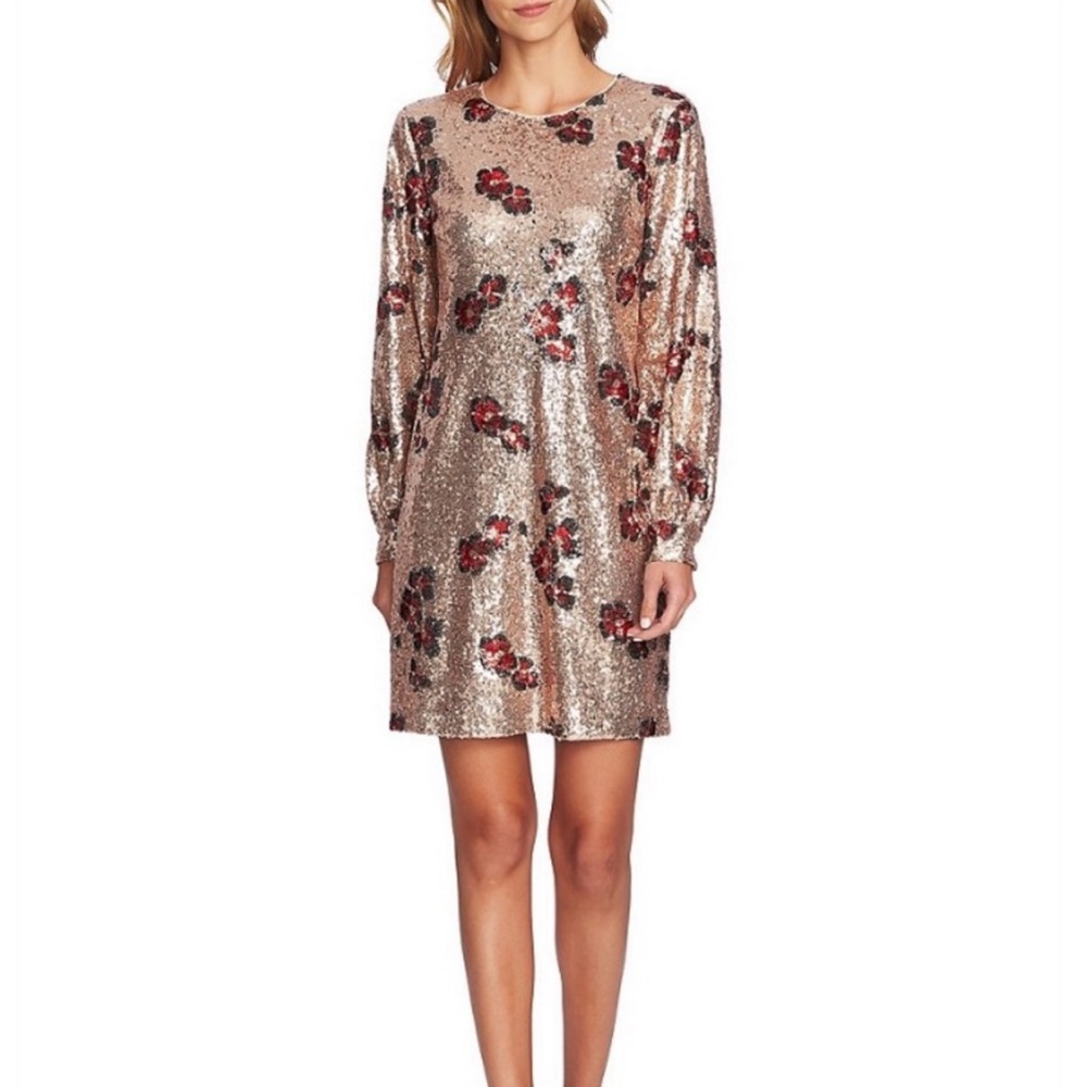 CeCe Floral Print Gold Sequin Long Sleeve Dress